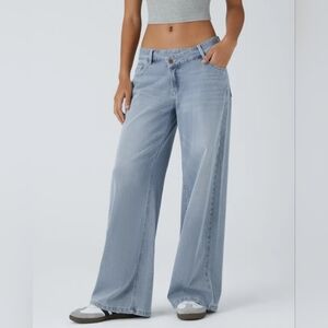 Halara Flex™ Asymmetric Low Rise Button Zipper Multiple Pockets Baggy Wide Leg